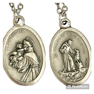 Vintage Saint Anthony Francis Medal Pendant Necklace Italy 24" Stainless Chain